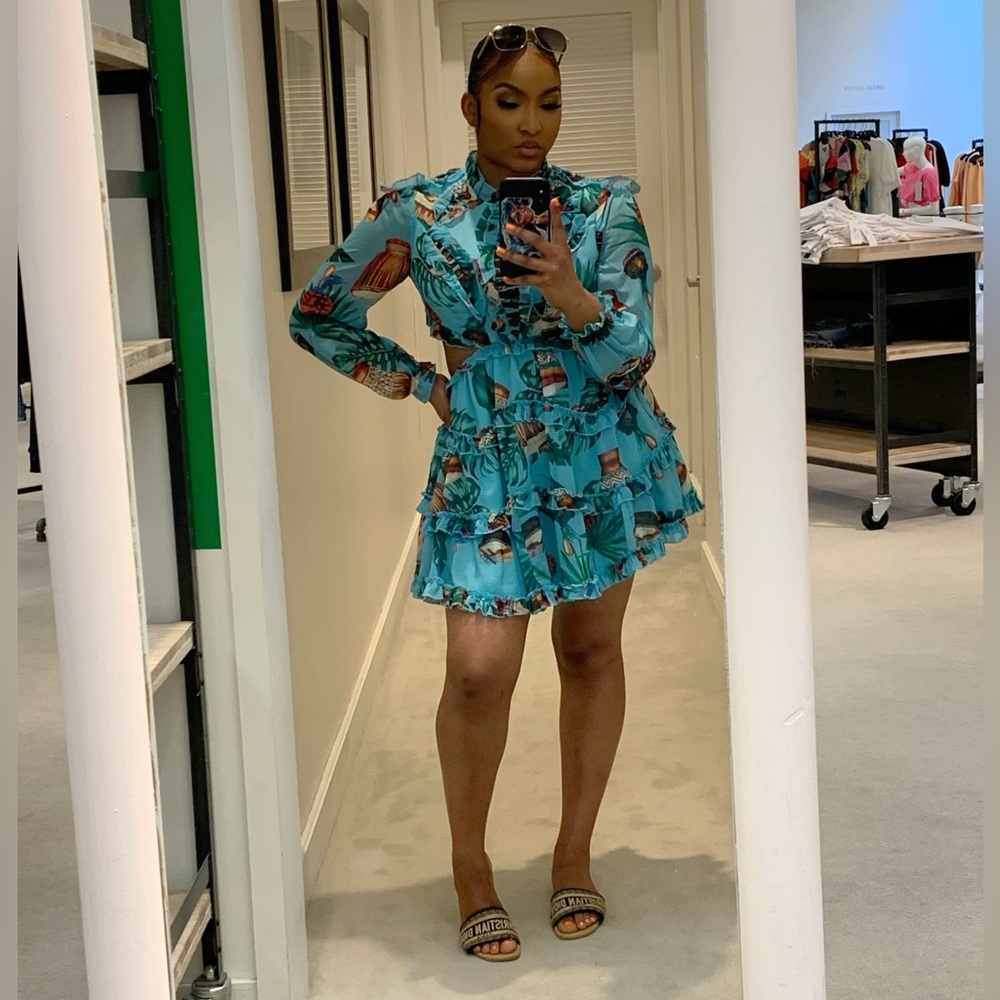 Chalyne Steer Blue & Green Tropical Chiffon Mini Dress Sz S | Ruffle | EUC